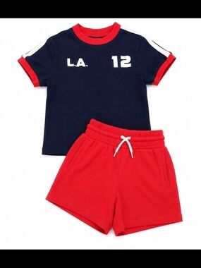 Girls Navy & Red Athletic Two-Piece Set - 'L.A. 12' Tee + Red Shorts